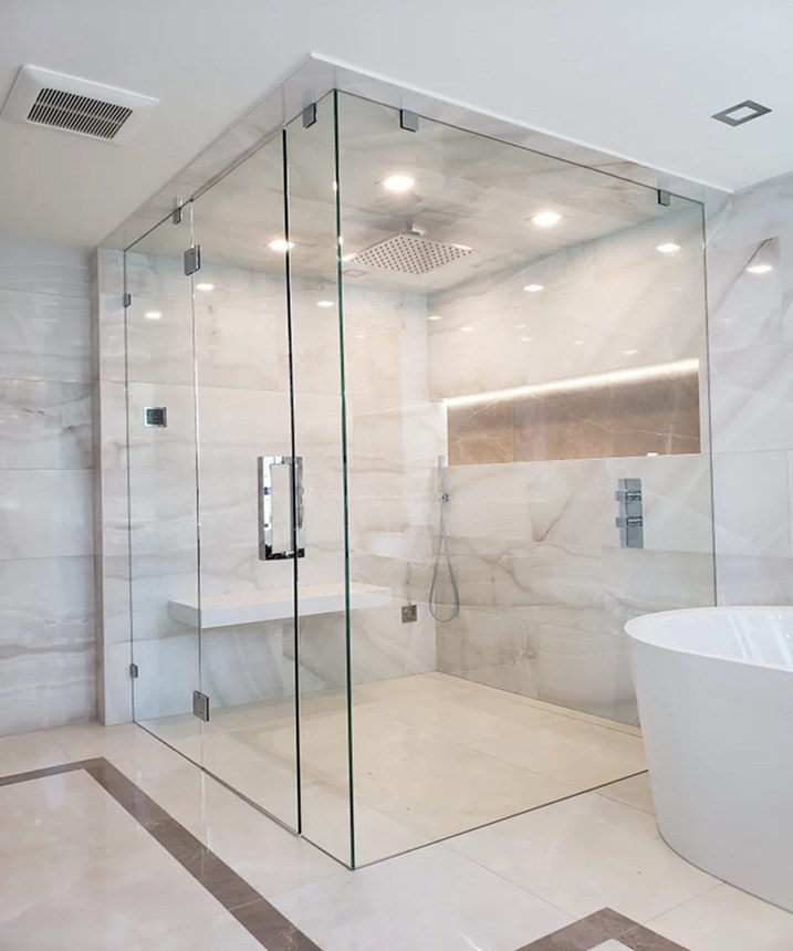 Custom frameless glass shower enclosure installed in El Cajon by Glenview Glass