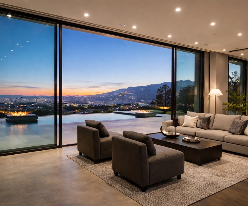 Large sliding glass patio doors with a mountain and city sunset view