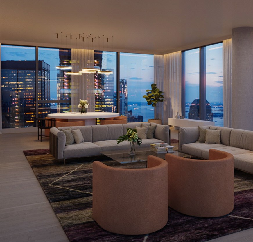 Floor to ceiling glass windows in a modern high rise living room