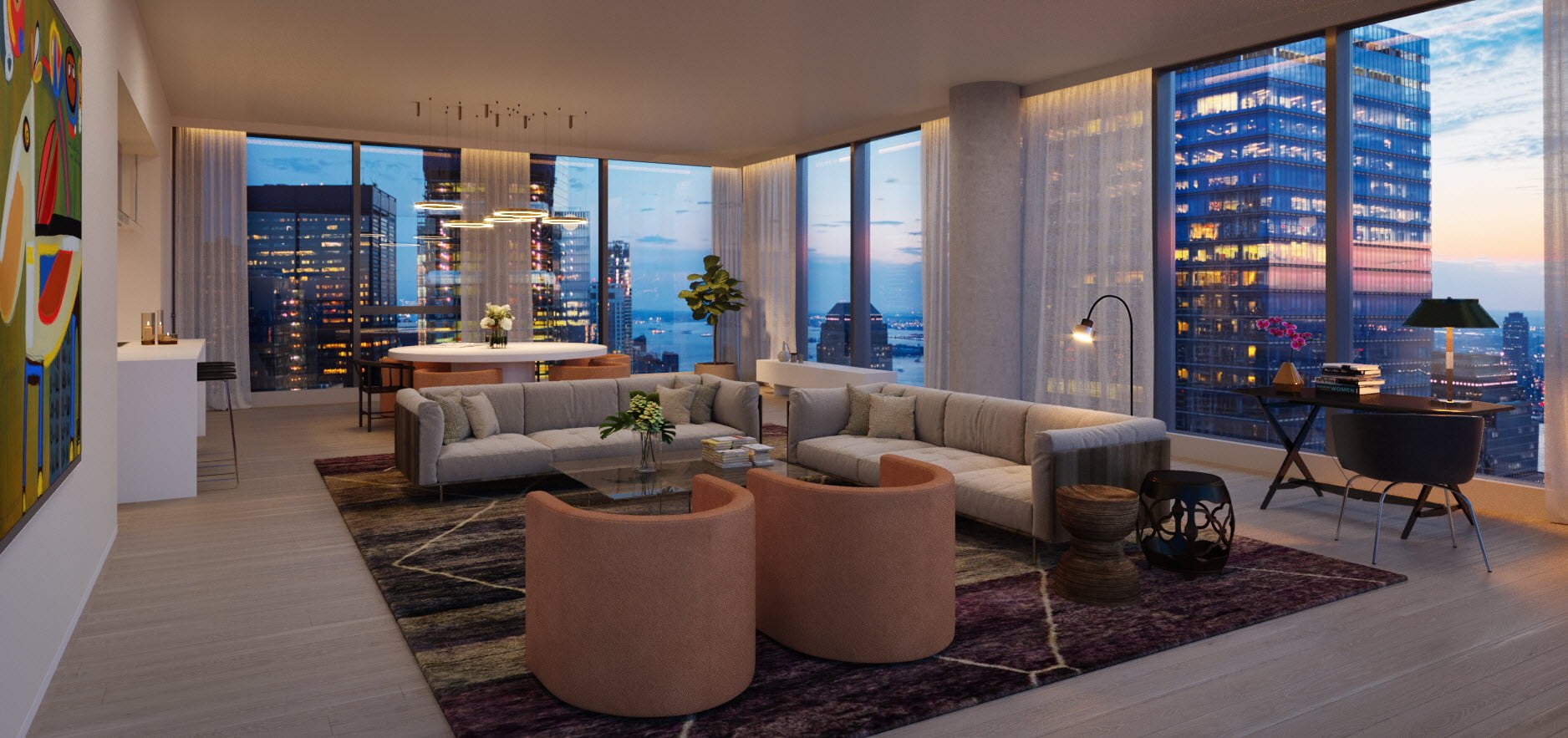 Modern condo interior with floor to ceiling glass windows overlooking the city
